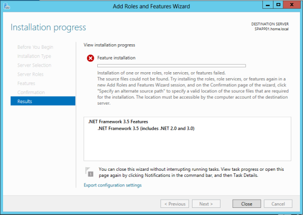 .NET Framework 3.5 features installation failure