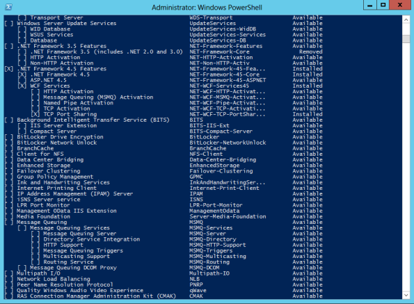 Windows roles and features in a Powershell window